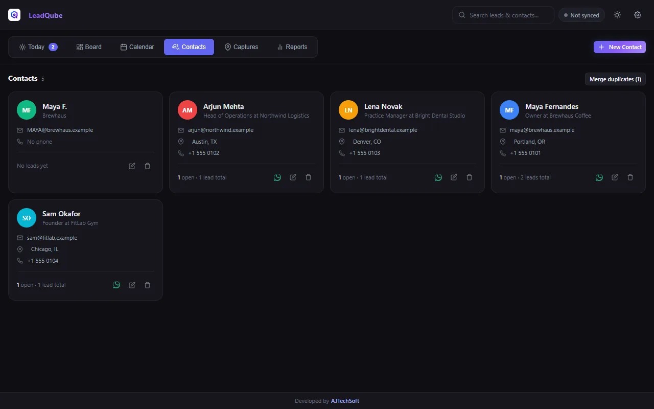 Contact cards with a Merge duplicates button at the top