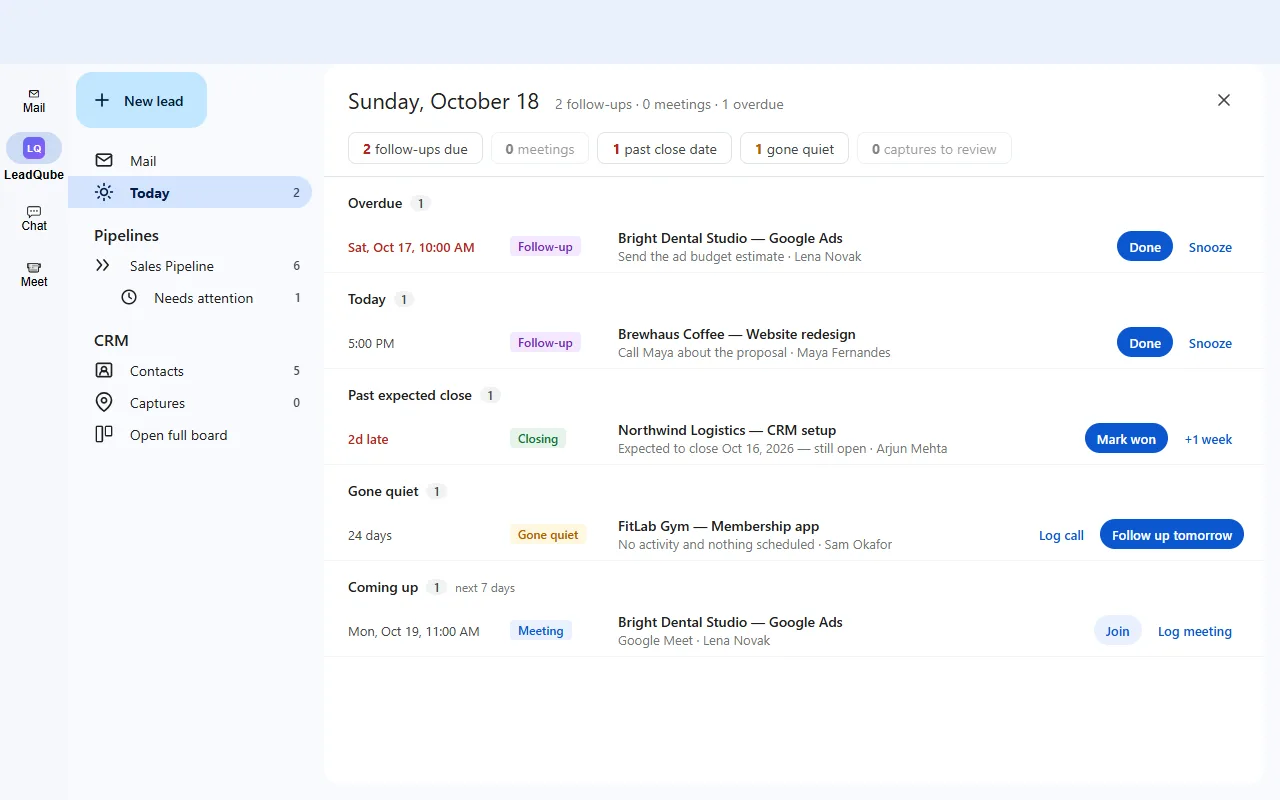 LeadQube opened inside Gmail, showing Today