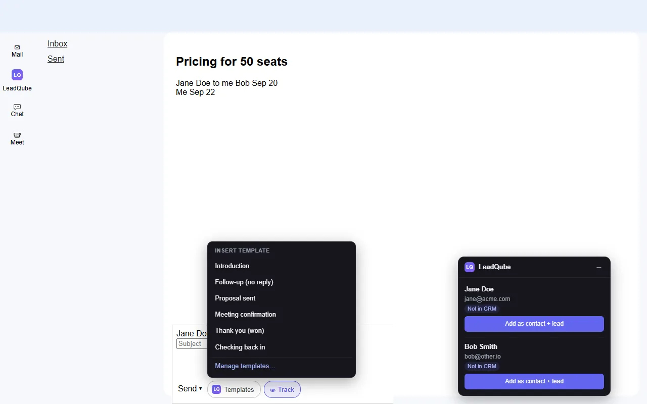 A Gmail compose window with the LeadQube template menu open, and the Track button beside Templates