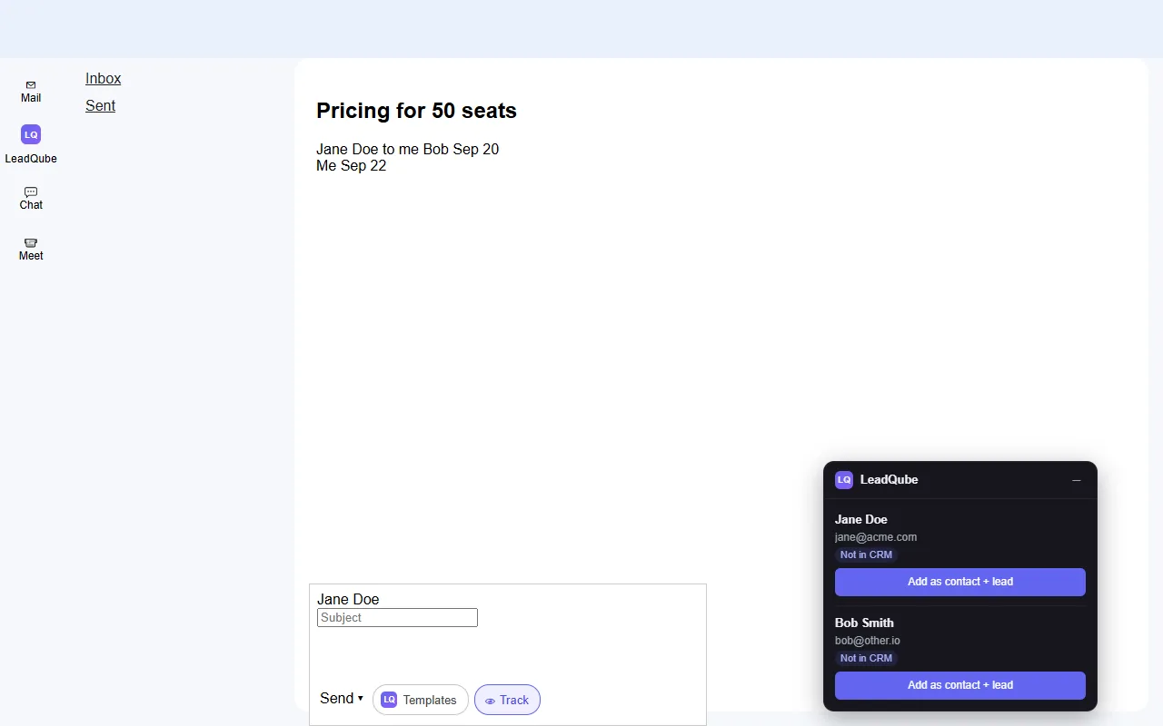 Gmail with the LeadQube panel showing the people in the thread