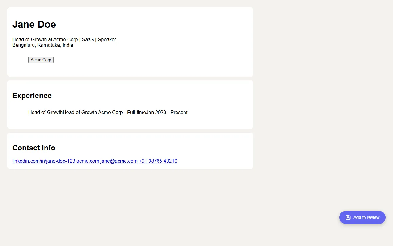 A LinkedIn profile with the LeadQube Add to review button