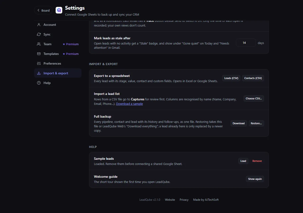 Settings: Import and export, and Help