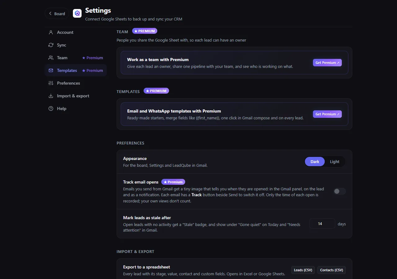 Team and Templates on the free plan, each with a Get Premium card