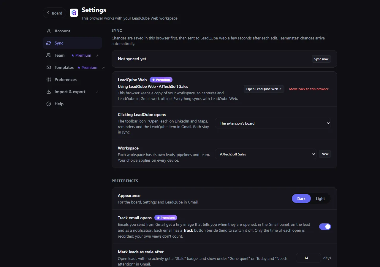 Settings, Sync with LeadQube Web: workspace and Clicking LeadQube opens