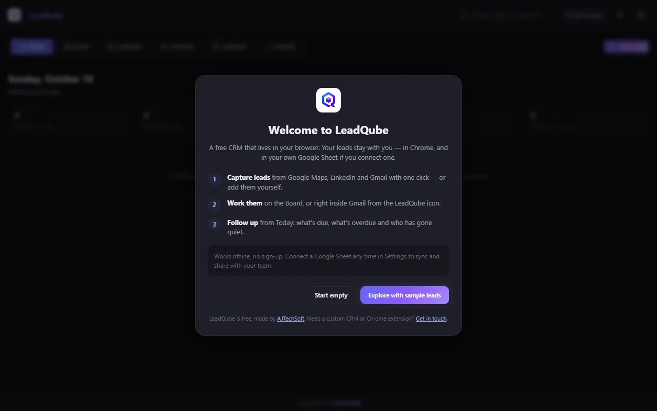 The LeadQube welcome screen with three steps and the buttons Start empty and Explore with sample leads