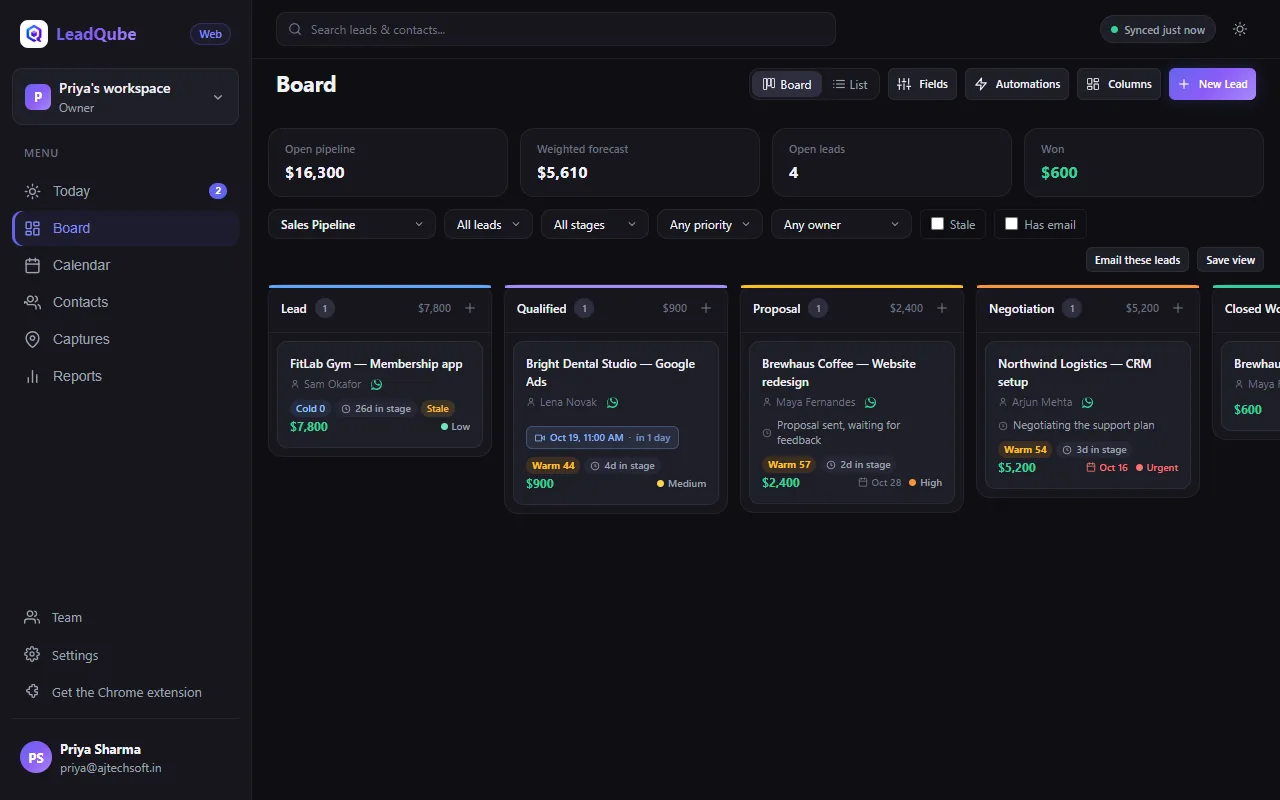 LeadQube Web: the board with the menu on the left