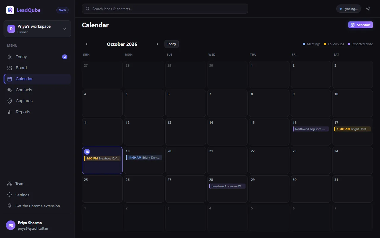 LeadQube Web: Calendar