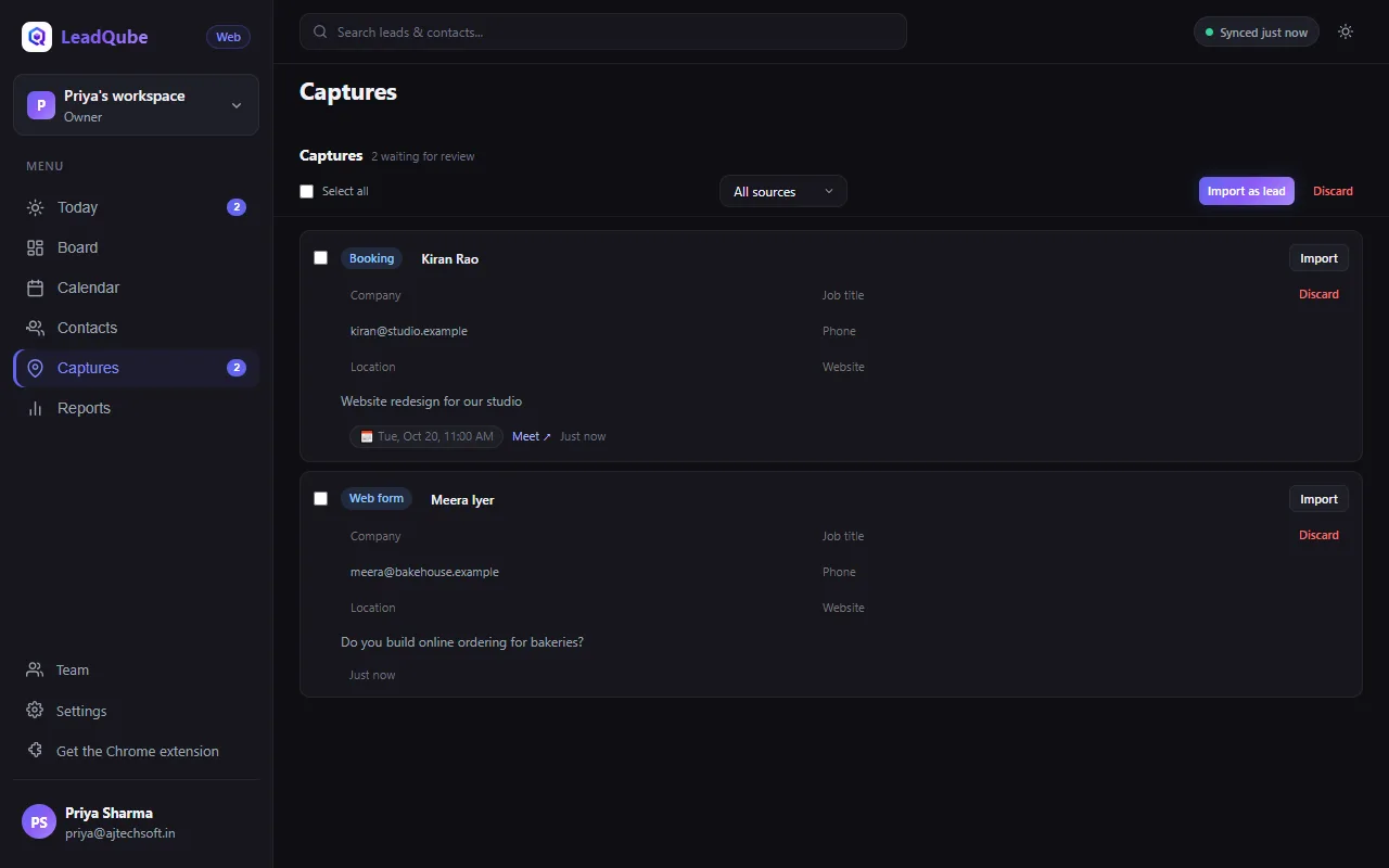 LeadQube Web: Captures with a booking and a web form message