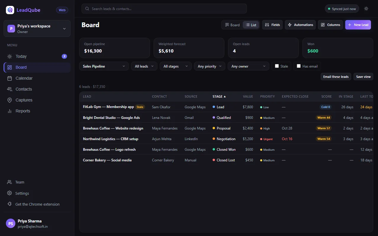 The list view: one row per lead with contact, source, stage, value, priority and dates