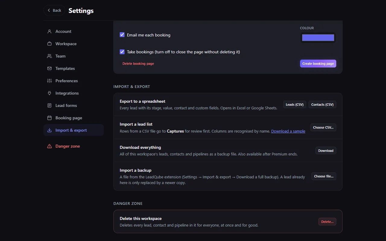Settings: Import and export, and Danger zone