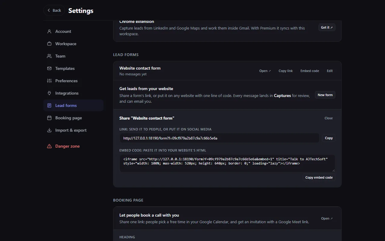 Settings: Lead forms with a form's link and embed code