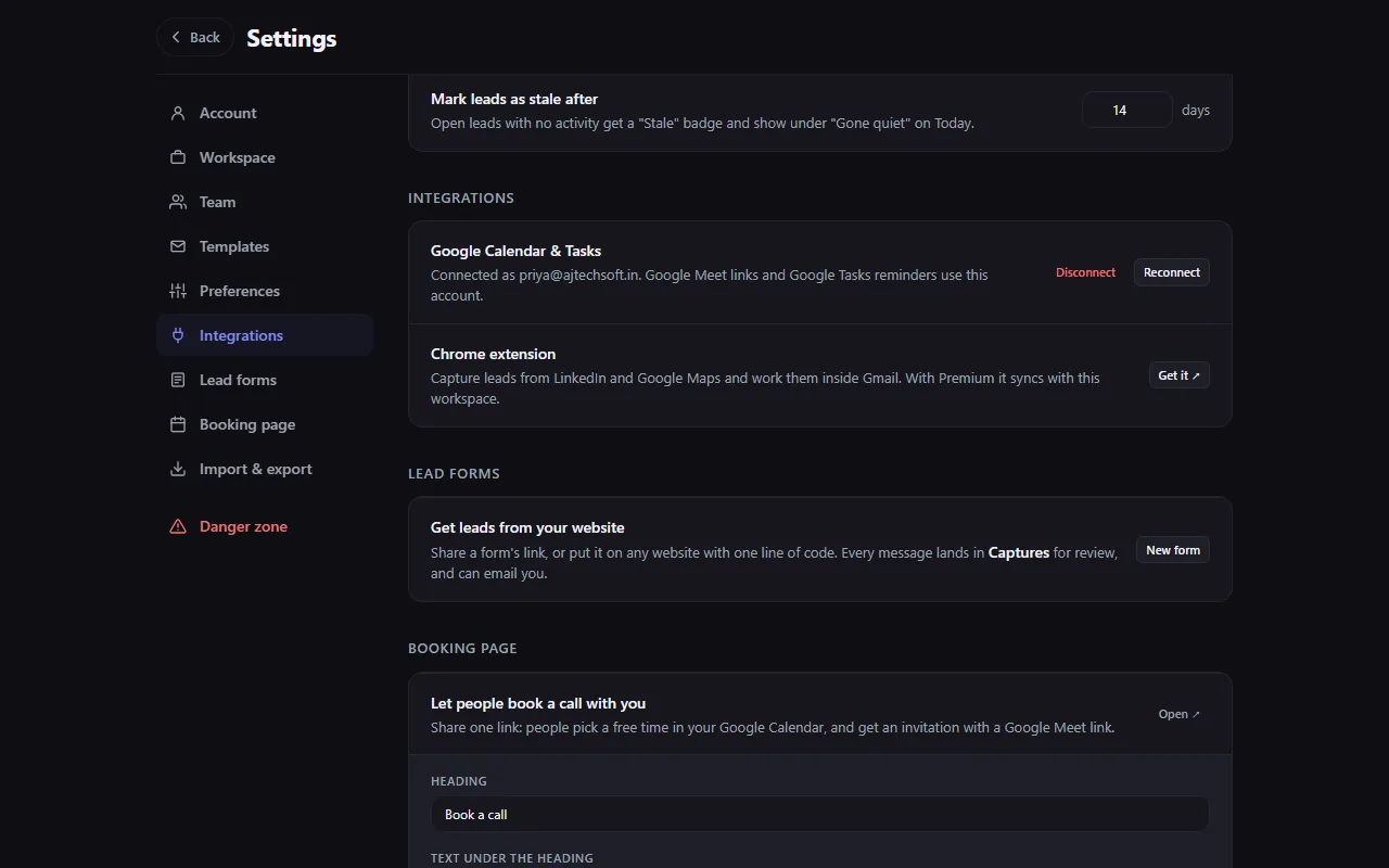 Settings: Integrations, Google Calendar and Tasks connected