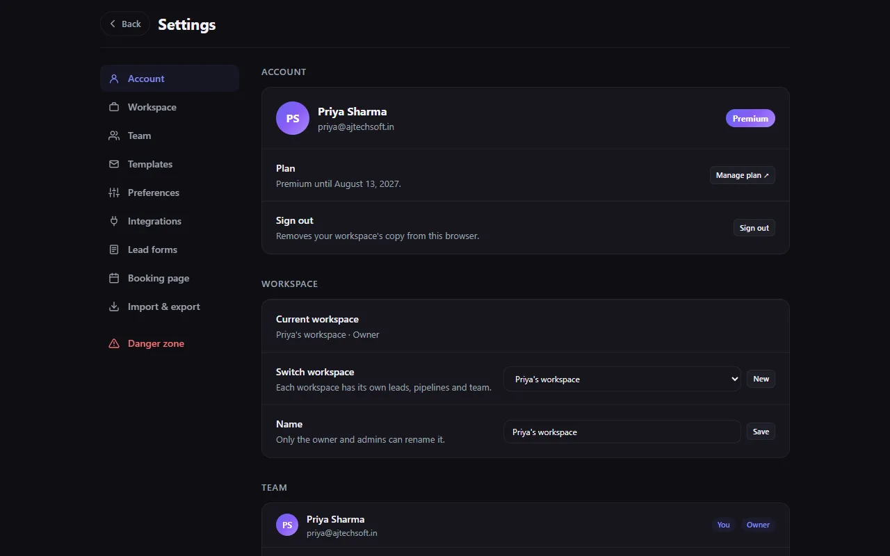 LeadQube Web Settings: Account and Workspace