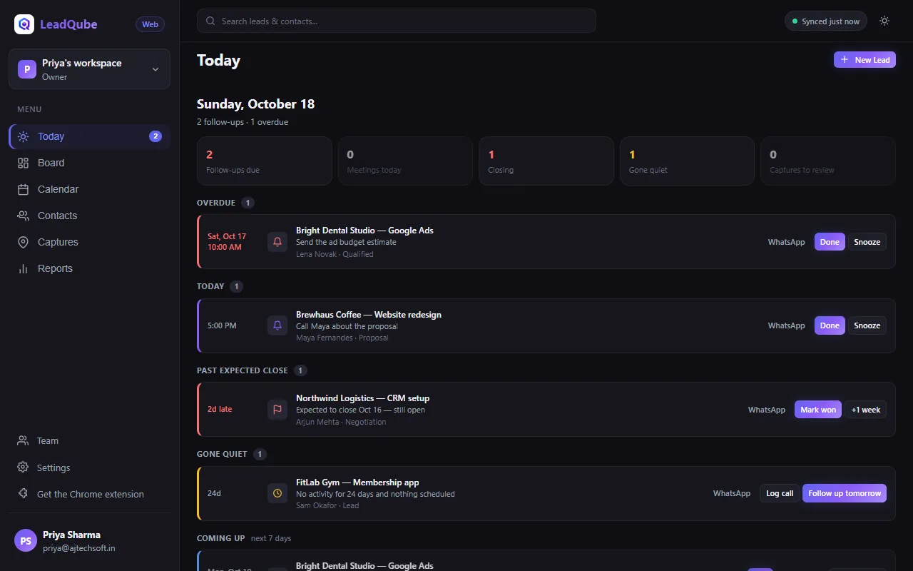 LeadQube Web: Today